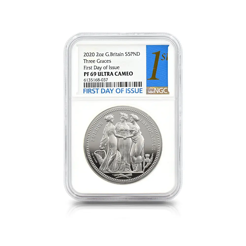モダンコイン4:6487 2020 エリザベス2世 スリーグレーセス 5ポンド 2オンス銀貨 発行即日鑑定品 NGC PF69UC 箱付き