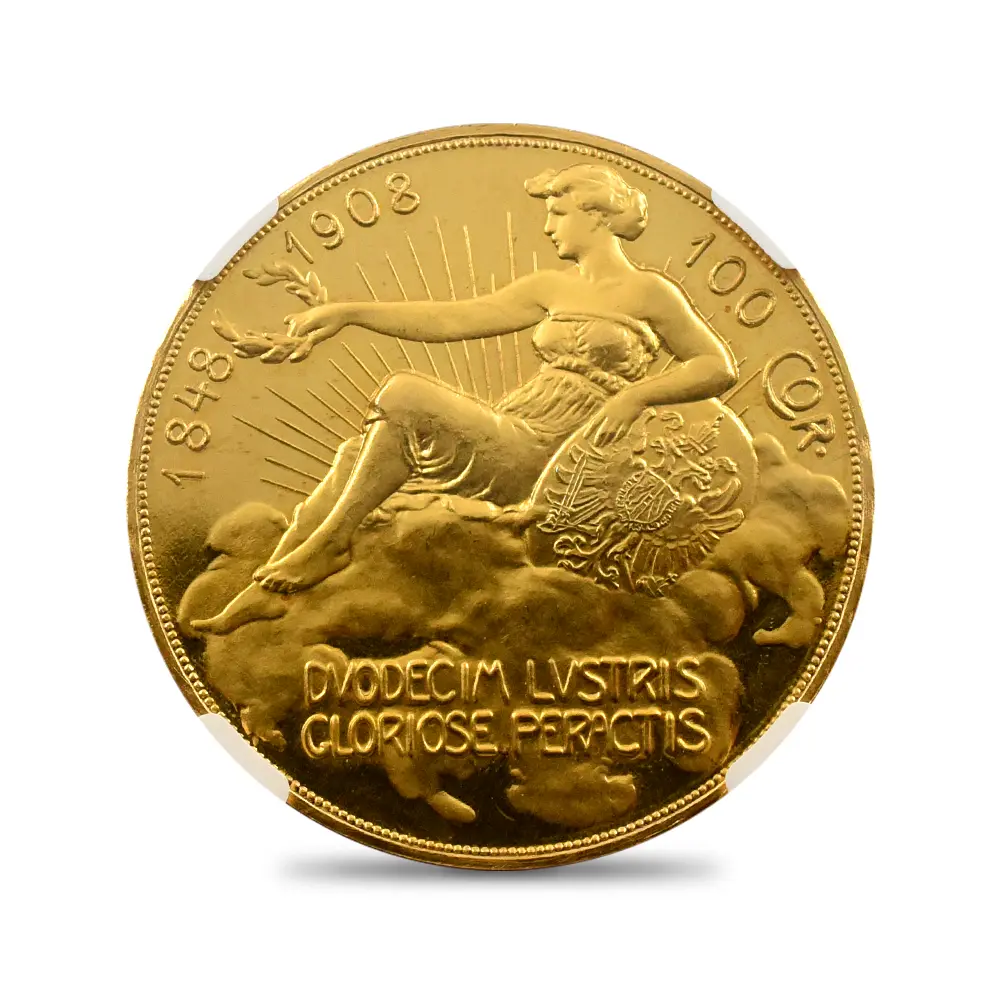 アンティークコイン2：6486 オーストリア 1908 フランツ・ヨーゼフ1世 皇位60周年記念 雲上の女神 100クローネ金貨 NGC PF63CA