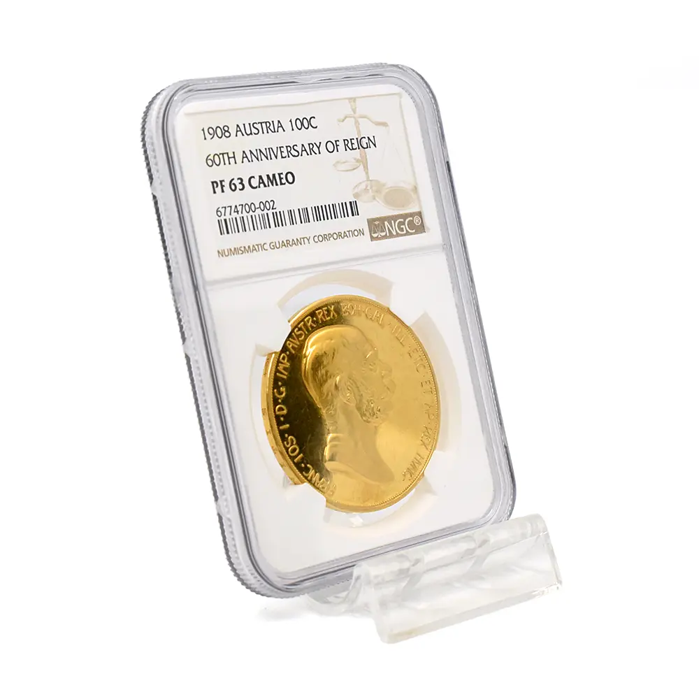 アンティークコイン6：6486 オーストリア 1908 フランツ・ヨーゼフ1世 皇位60周年記念 雲上の女神 100クローネ金貨 NGC PF63CA