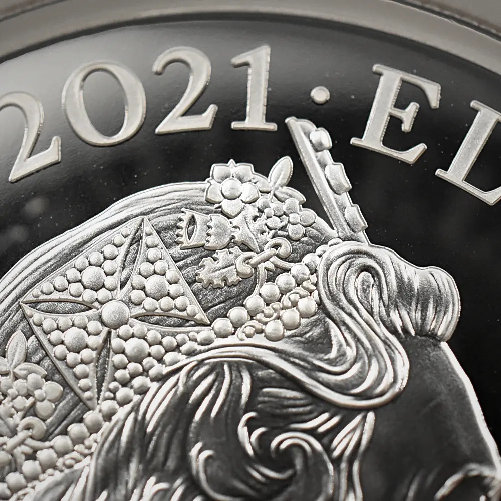 モダンコイン10:6496 2021 エリザベス2世 ゴチッククラウン・リバースシールド 5ポンド2オンス銀貨 ファーストリリース PF69UC