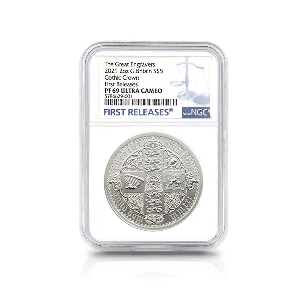 モダンコイン4:6496 2021 エリザベス2世 ゴチッククラウン・リバースシールド 5ポンド2オンス銀貨 ファーストリリース PF69UC