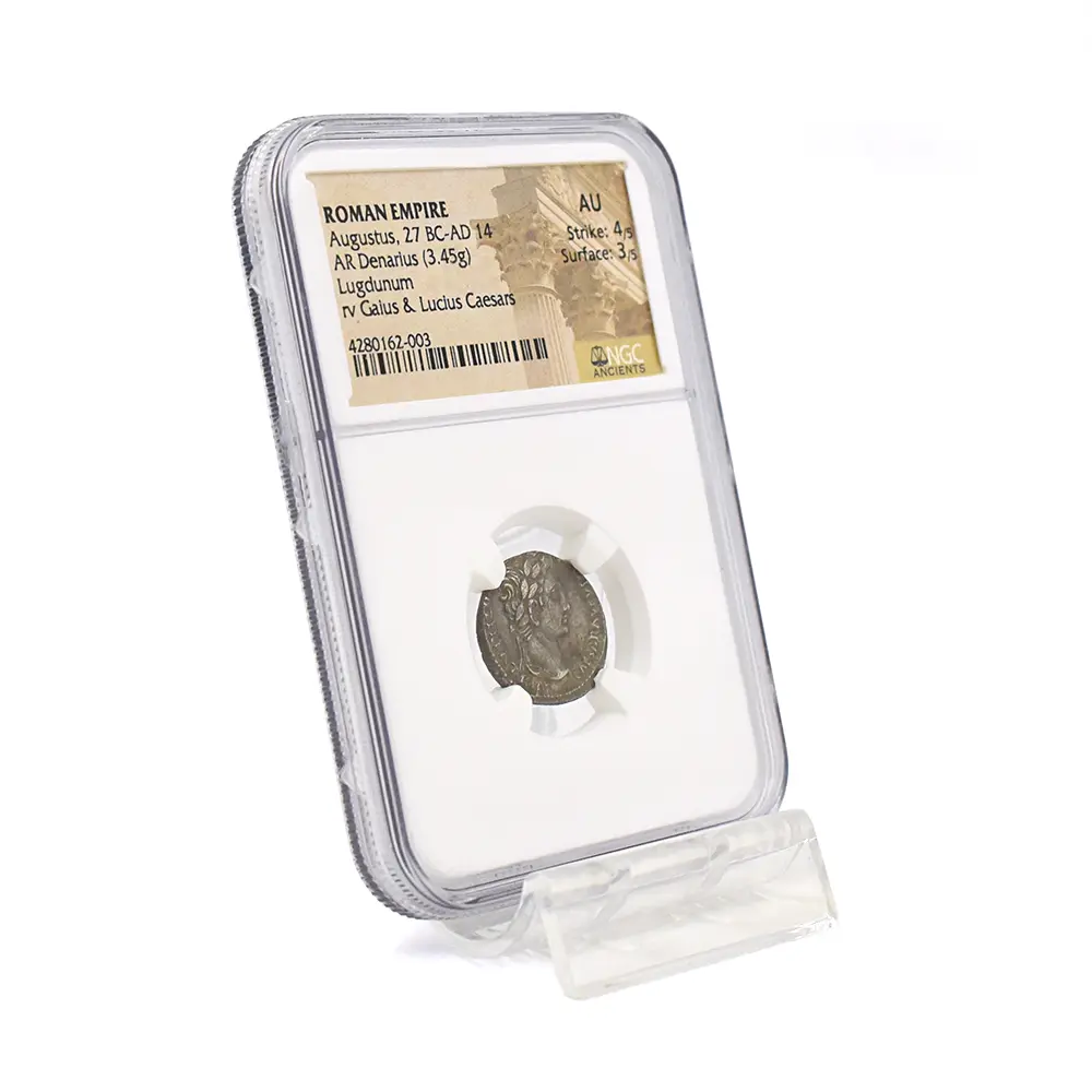 古代コイン6：6520 古代ローマ帝国 紀元前27-紀元14 アウグストゥス デナリウス銀貨 NGC AU Strike: 4/5 Surface: 3/5