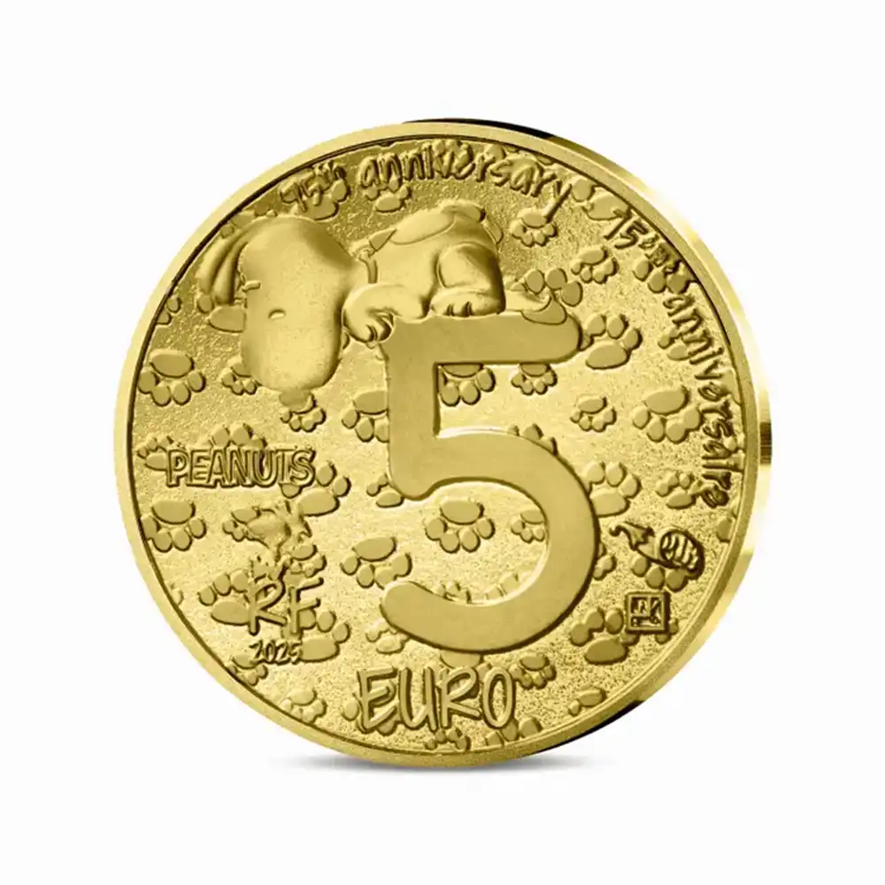モダンコイン3：6509 フランス 2025 『ピーナッツ』 75周年記念 スヌーピー 5ユーロ0.5グラム プルーフ金貨 未鑑定 箱付き【ご予約承り品】