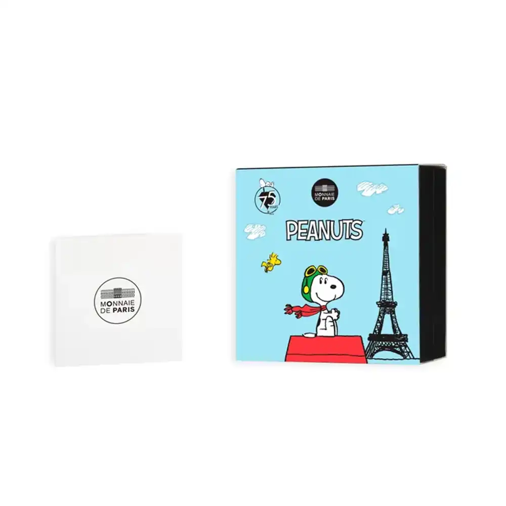 モダンコイン4：6511 フランス 2025 『ピーナッツ』 75周年記念 スヌーピー 10ユーロ スヌーピー型プルーフカラー銀貨 未鑑定 箱付き【ご予約承り品】