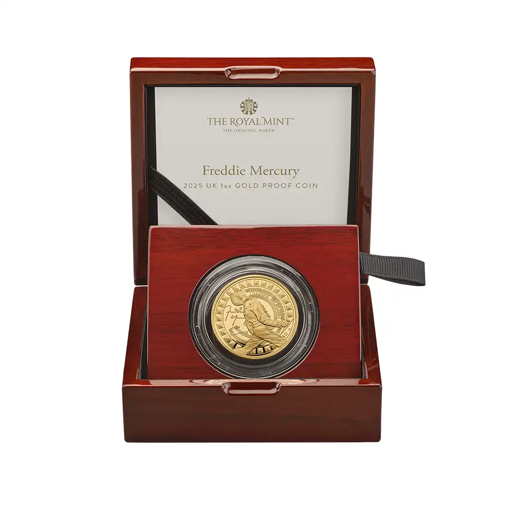 モダンコイン4:6534 2025 チャールズ3世 ミュージックレジェンド第12弾 フレディ・マーキュリー 100ポンド1オンスプルーフ金貨 未鑑定 箱付き【ご予約承り品】