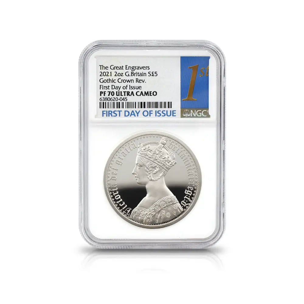 モダンコイン6：6542 2021 エリザベス2世 ゴチッククラウン 5ポンド2オンス銀貨 2枚セット 発行即日鑑定品 NGC PF70UC 箱付き