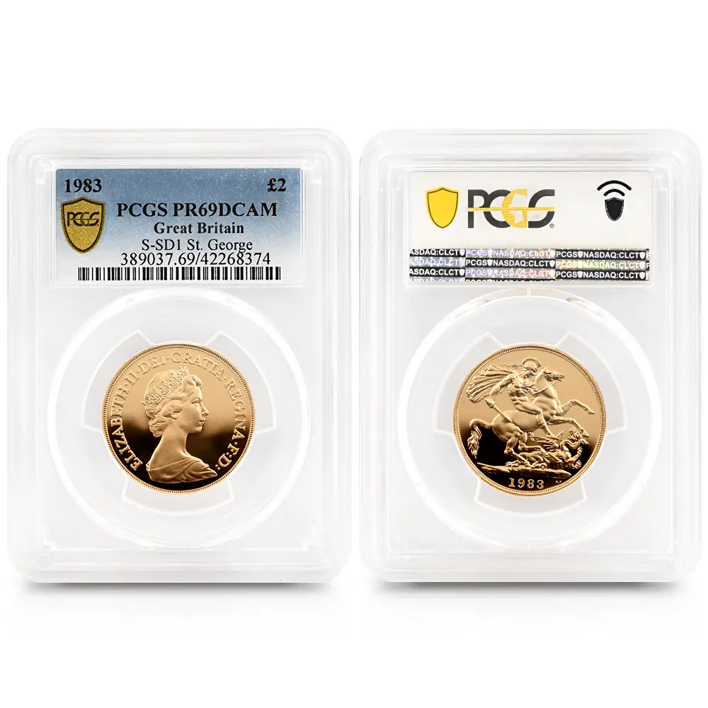 モダンコイン2:6545 1983 エリザベス2世 ヤングエリザベス 聖ジョージ竜退治 2ポンド・1・1/2ソブリン金貨 PCGS PR69-70DC S-SB1 箱付き