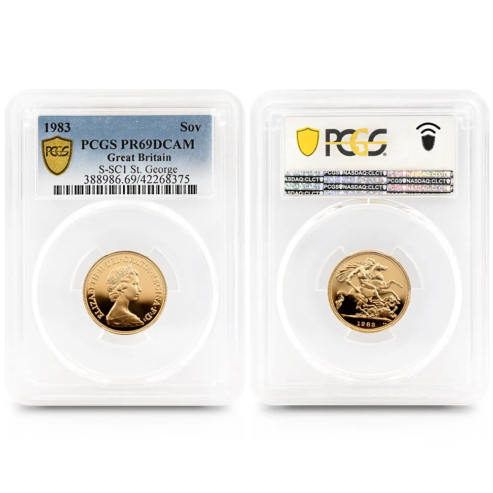 モダンコイン3:6545 1983 エリザベス2世 ヤングエリザベス 聖ジョージ竜退治 2ポンド・1・1/2ソブリン金貨 PCGS PR69-70DC S-SB1 箱付き