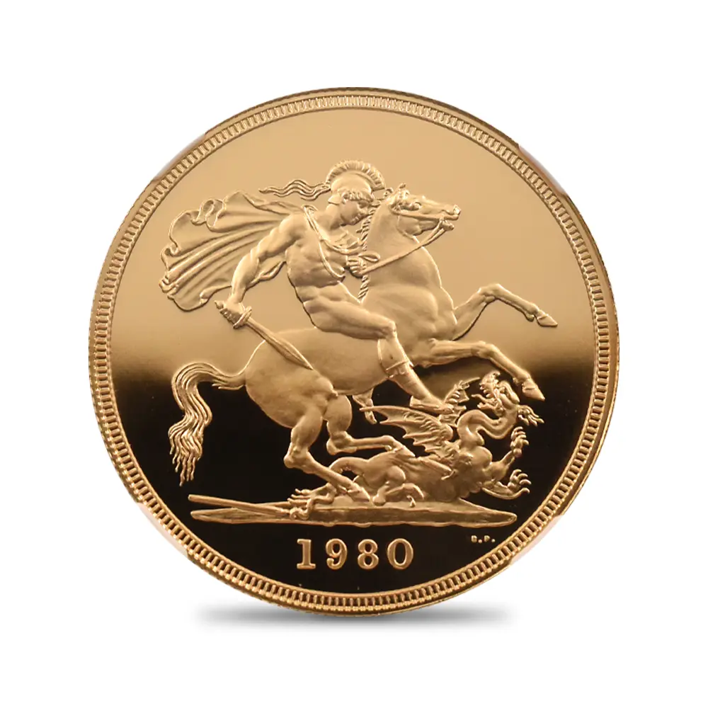 モダンコイン2:6540 1980 エリザベス2世 ヤングエリザベス 聖ジョージ竜退治 5ソブリン金貨 NGC PF69UC