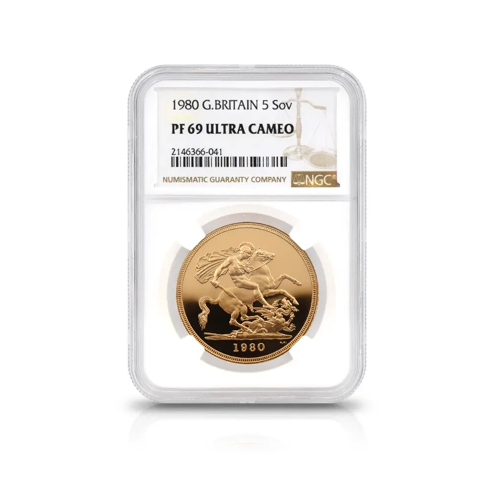 モダンコイン4:6540 1980 エリザベス2世 ヤングエリザベス 聖ジョージ竜退治 5ソブリン金貨 NGC PF69UC