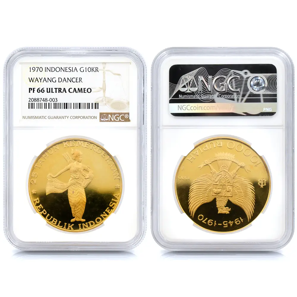 アンティークコイン4：3843 インドネシア 1970 独立25周年記念 金・銀貨10枚セット NGC PF65-68UC 箱付き