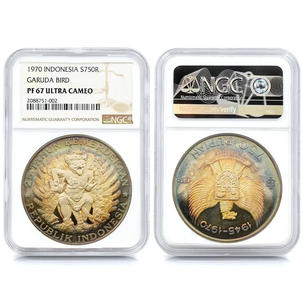 アンティークコイン8：3843 インドネシア 1970 独立25周年記念 金・銀貨10枚セット NGC PF65-68UC 箱付き