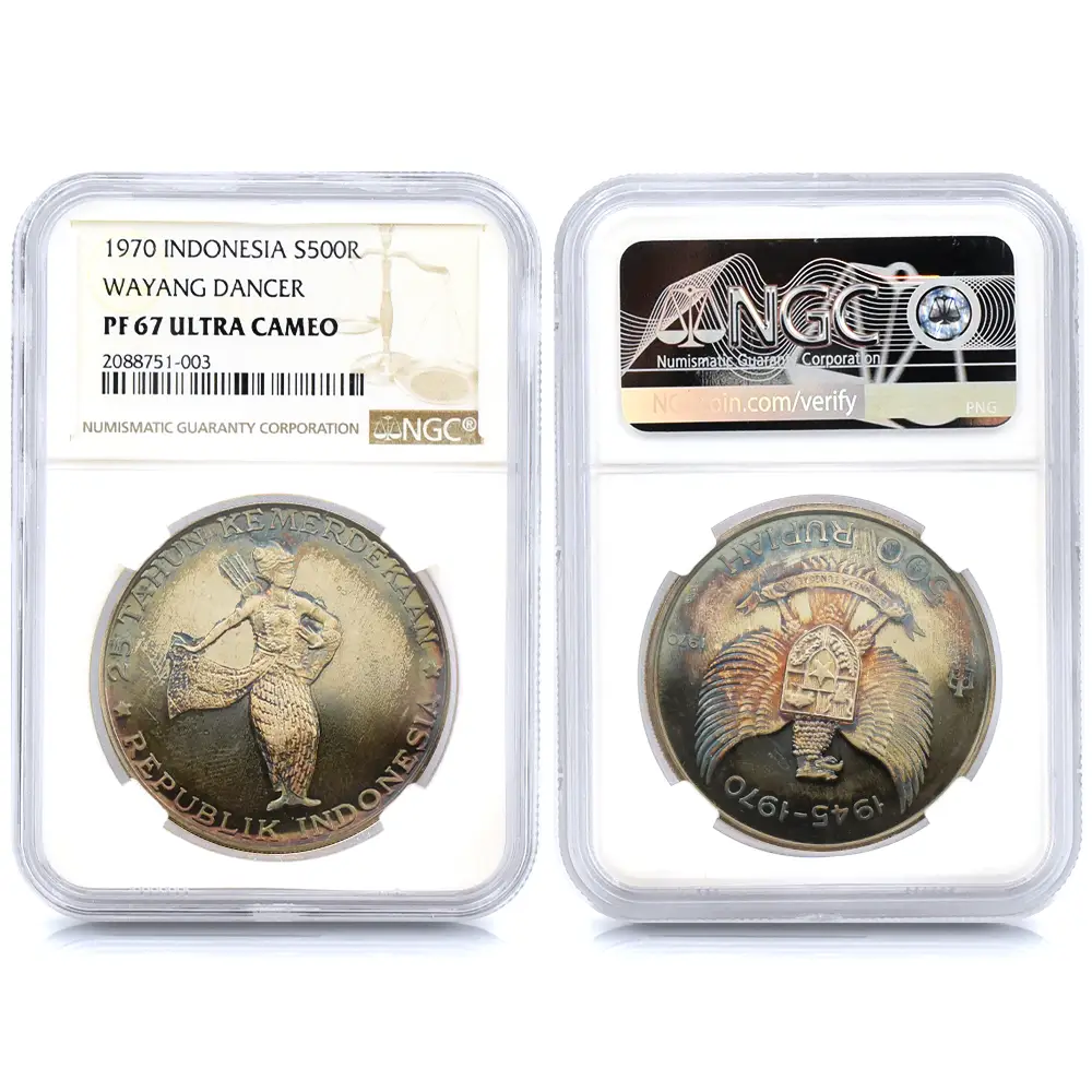 アンティークコイン9：3843 インドネシア 1970 独立25周年記念 金・銀貨10枚セット NGC PF65-68UC 箱付き