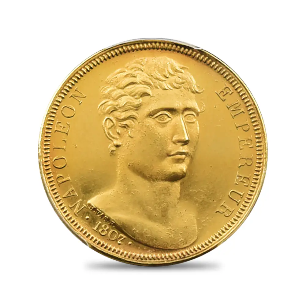 試作貨2：5152 フランス 1807 ナポレオン1世 100フラン試作金メッキ銅貨 PCGS SP62 Maz-601a