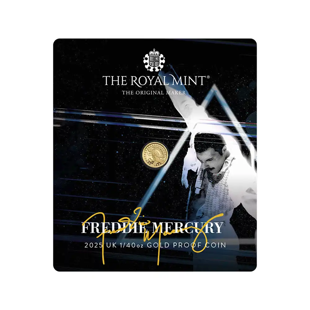 モダンコイン4：6550 【未鑑定＋鑑定オプション付き】2025 チャールズ3世 ミュージックレジェンド第12弾 フレディ・マーキュリー 50ペンス1/40オンスプルーフ金貨 未鑑定 ブリスターパック付き【ご予約承り品・納期約半年】