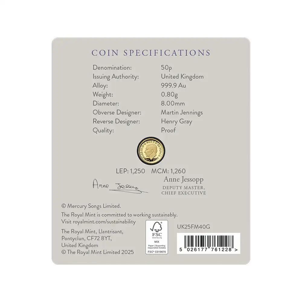 モダンコイン5：6550 【未鑑定＋鑑定オプション付き】2025 チャールズ3世 ミュージックレジェンド第12弾 フレディ・マーキュリー 50ペンス1/40オンスプルーフ金貨 未鑑定 ブリスターパック付き【ご予約承り品・納期約半年】