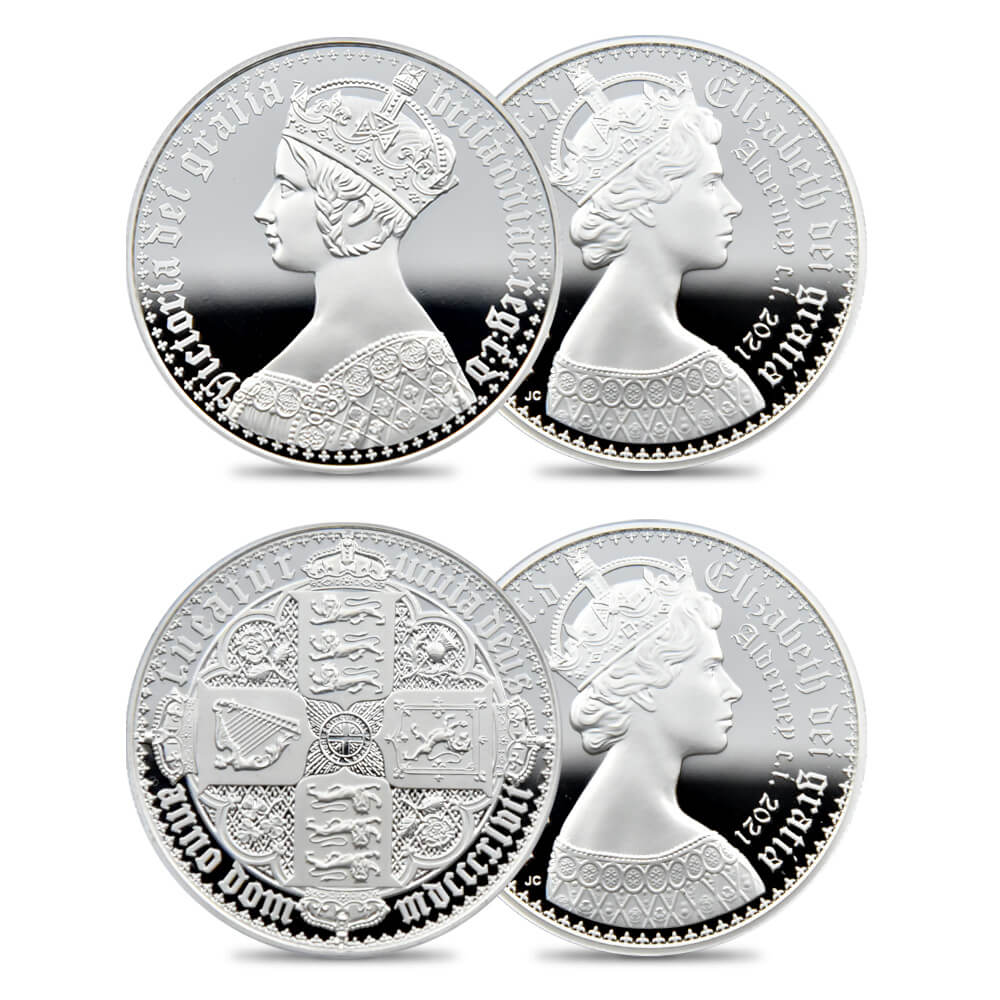 オルダニー島 21 エリザベス2世 ニューゴチッククラウン 5ポンド銀貨 2枚セット プルーフ仕上げ Pcgs Pr70dc鑑定品 発行数2500セット ご予約承り品 イギリスコイン専門店 コインパレス