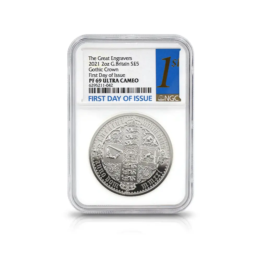 モダンコイン8:6541 2021 エリザベス2世 ゴチッククラウン 5ポンド2オンス銀貨 2枚セット 発行即日鑑定品 NGC PF69-70UC 箱付き