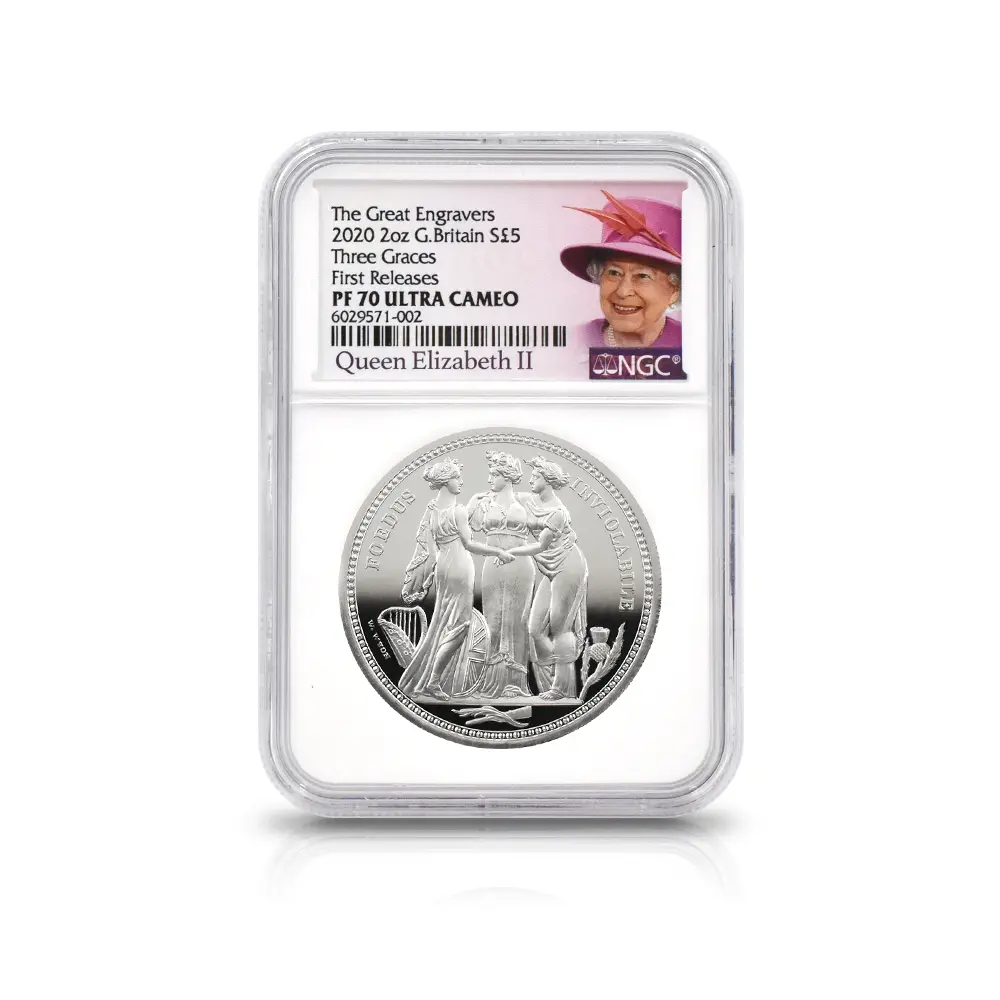 モダンコイン4：6554 2020 エリザベス2世 スリーグレーセス 5ポンド2オンス銀貨 ファーストリリース NGC PF70UC 箱付き