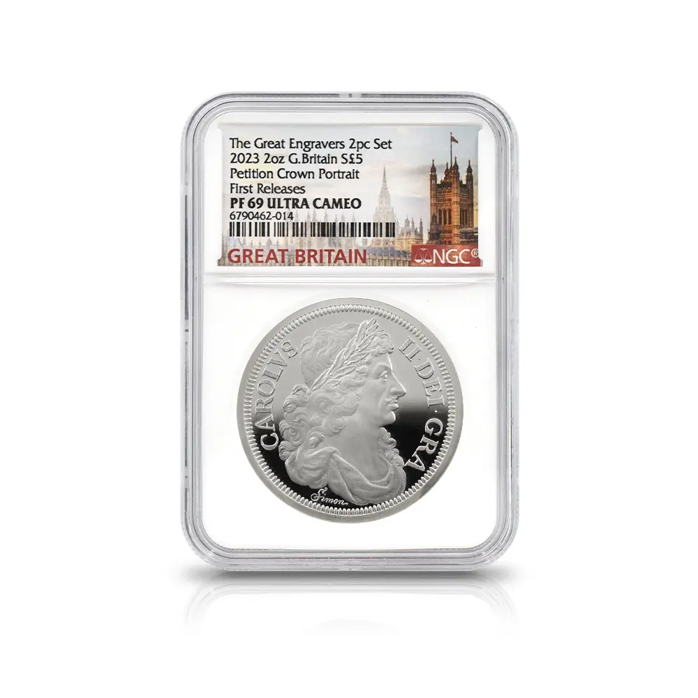 モダンコイン6：6559 2023 チャールズ3世 ペティションクラウン 5ポンド2オンス 銀貨2枚セット ファーストリリース NGC PF69・70UC 箱付き