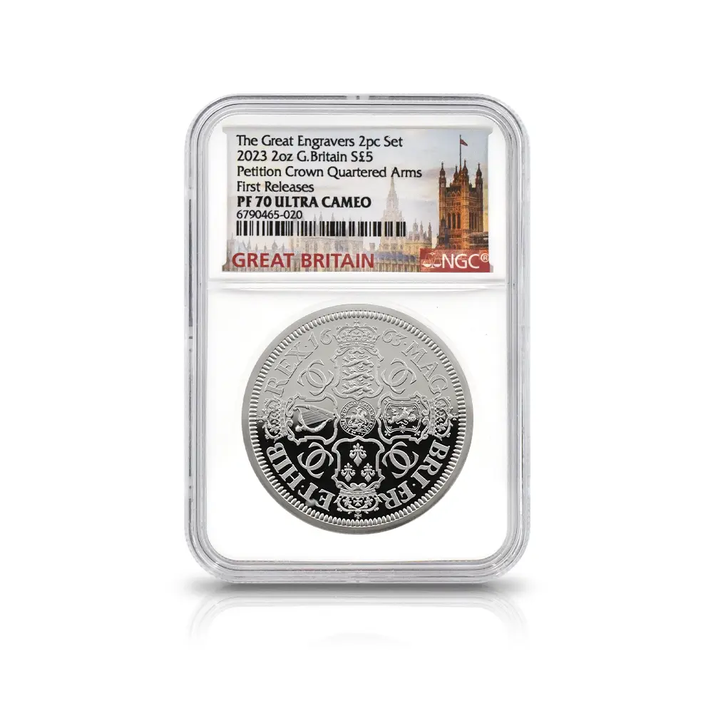 モダンコイン8：6559 2023 チャールズ3世 ペティションクラウン 5ポンド2オンス 銀貨2枚セット ファーストリリース NGC PF69・70UC 箱付き