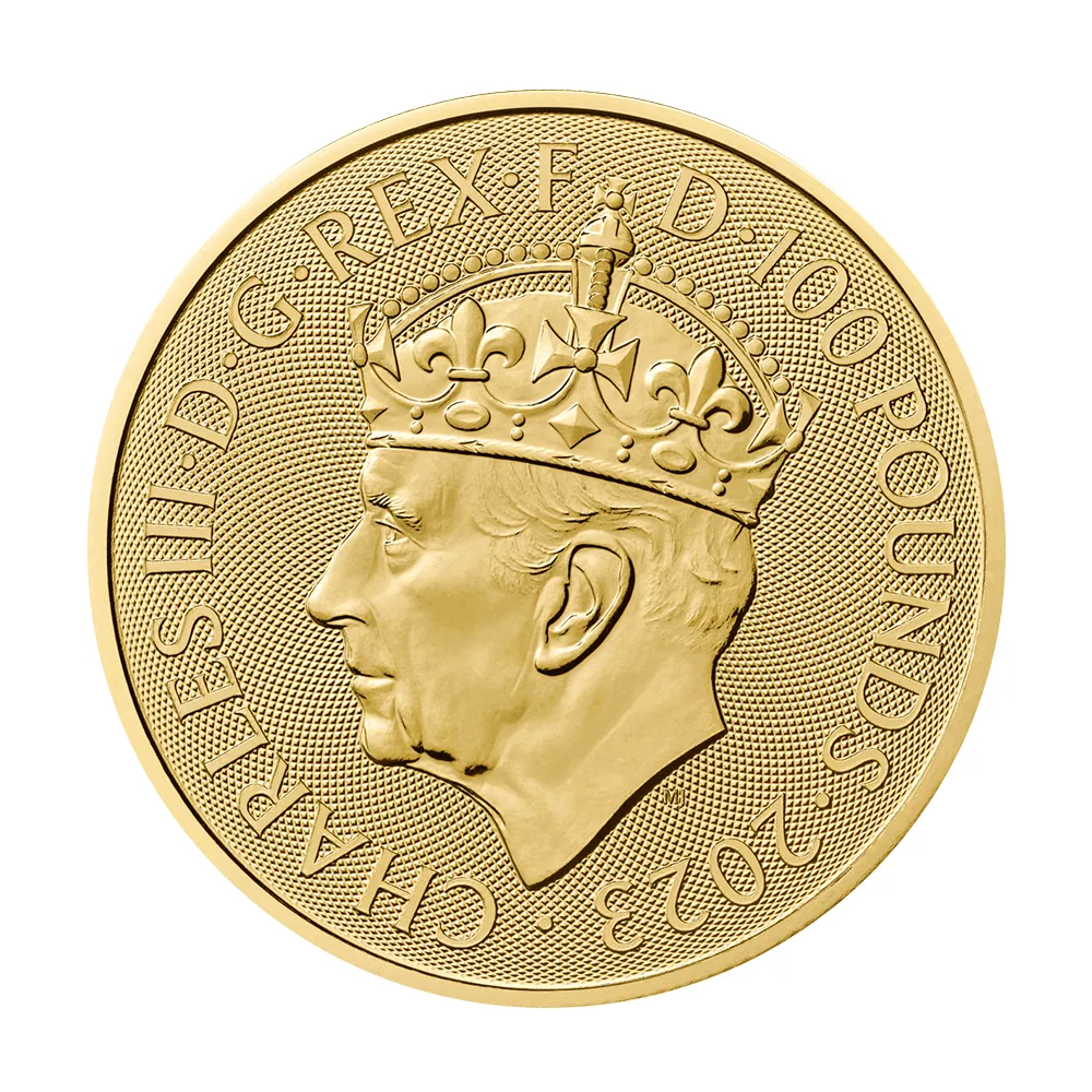 地金型3：5082 イギリス 2023 チャールズ3世 戴冠記念 100ポンド 1オンス 地金型金貨 ファーストリリース NGC MS70