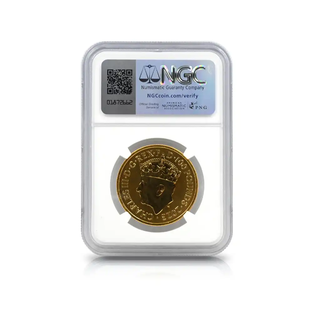 地金型7：5082 イギリス 2023 チャールズ3世 戴冠記念 100ポンド 1オンス 地金型金貨 ファーストリリース NGC MS70