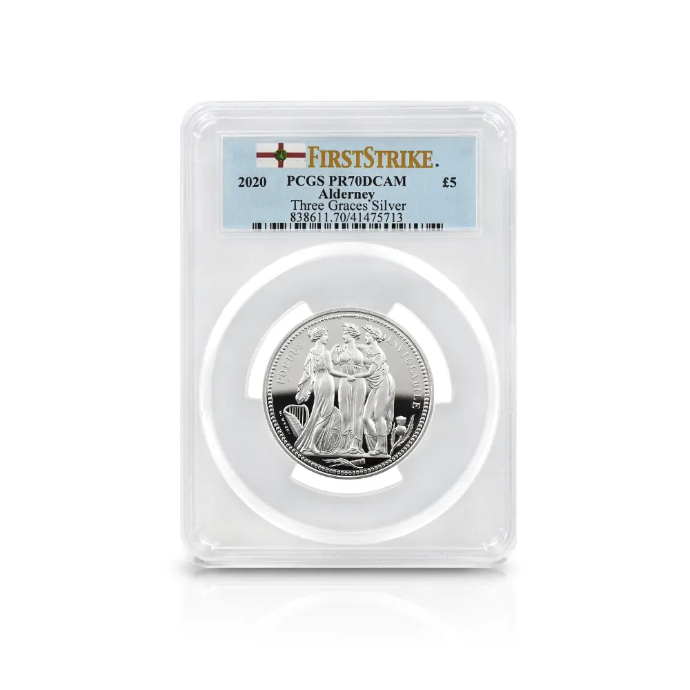 モダンコイン4：6563 オルダニー島 2020 エリザベス2世 スリーグレーセス 5ポンド2オンス 銀貨 ファーストストライク PCGS PR70DC 箱付き