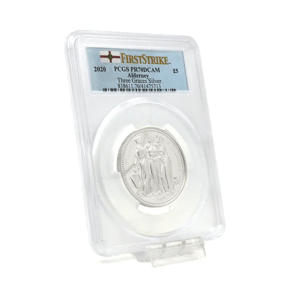 モダンコイン6：6563 オルダニー島 2020 エリザベス2世 スリーグレーセス 5ポンド2オンス 銀貨 ファーストストライク PCGS PR70DC 箱付き