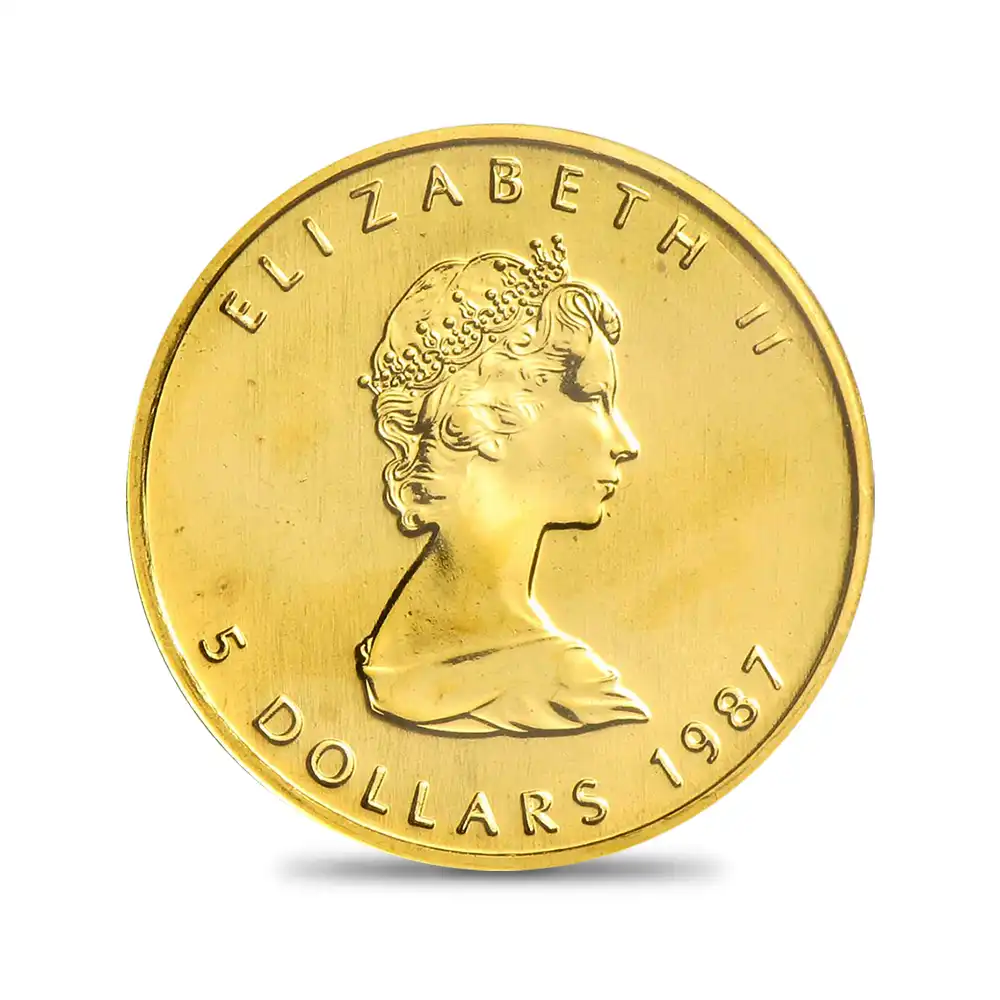 地金型3:6562 カナダ 1987 エリザベス2世 メイプルリーフ 5ドル 1/10オンス 地金型金貨 【1枚】 (ビニールコイン袋付き)