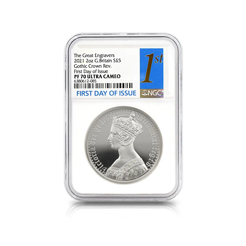 モダンコイン6：6573 2021 エリザベス2世 ゴチッククラウン 5ポンド2オンス銀貨 2枚セット 発行即日鑑定品 NGC PF70UC 箱付き (ポートレートのみ)