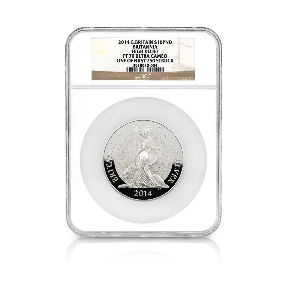 モダンコイン4：6577 2014 エリザベス2世 ブリタニア ハイレリーフ 10ポンド5オンス銀貨 ファースト750ストラック NGC PF70UC 箱付き
