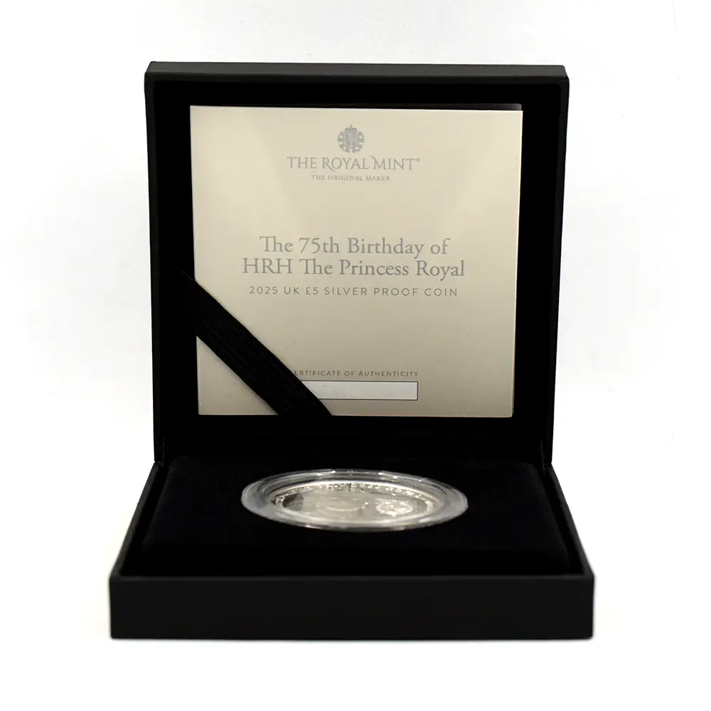 モダンコイン6:5973 2025 チャールズ3世 プリンセスロイヤル・アン王女 誕生75周年記念 5ポンドプルーフ銀貨 未鑑定 箱付き