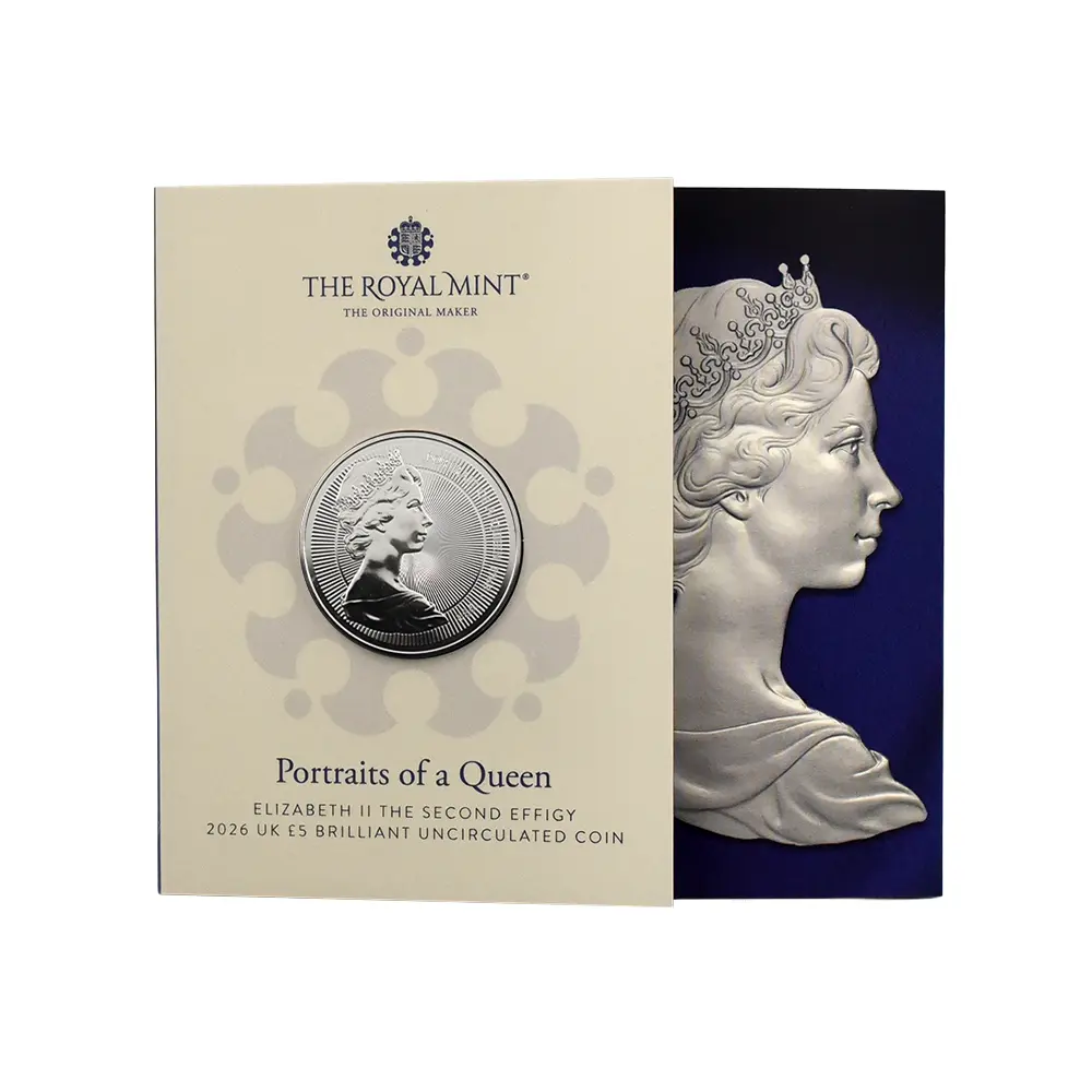 モダンコイン4：6427 2026 チャールズ3世 エリザベス2世のコイン肖像シリーズ 第二弾 ヤングエリザベス 5ポンドBU白銅貨 未鑑定 パッケージ付き
