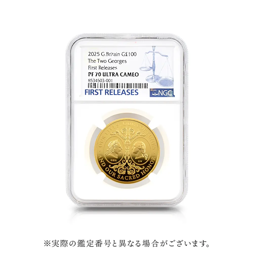 モダンコイン4：6601 2025 チャールズ3世 アメリカ独立戦争250周年 ジョージ3世＆ジョージ・ワシントン 100ポンド1オンス金貨 ファーストリリース NGC PF70UC 箱付き