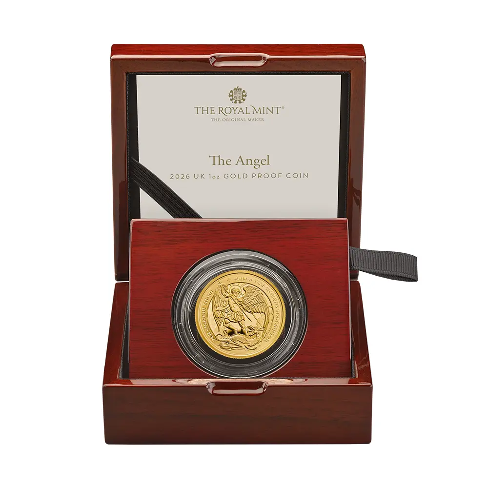モダンコイン5:6584 2026 チャールズ3世 エンジェル 100ポンド1オンスプルーフ金貨 未鑑定 箱付き【ご予約承り品】