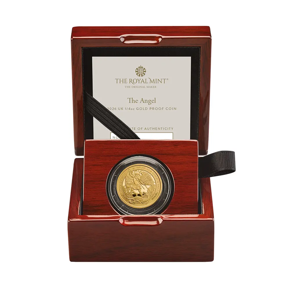 モダンコイン5:6583 2026 チャールズ3世 エンジェル 25ポンド1/4オンスプルーフ金貨 未鑑定 箱付き【ご予約承り品】