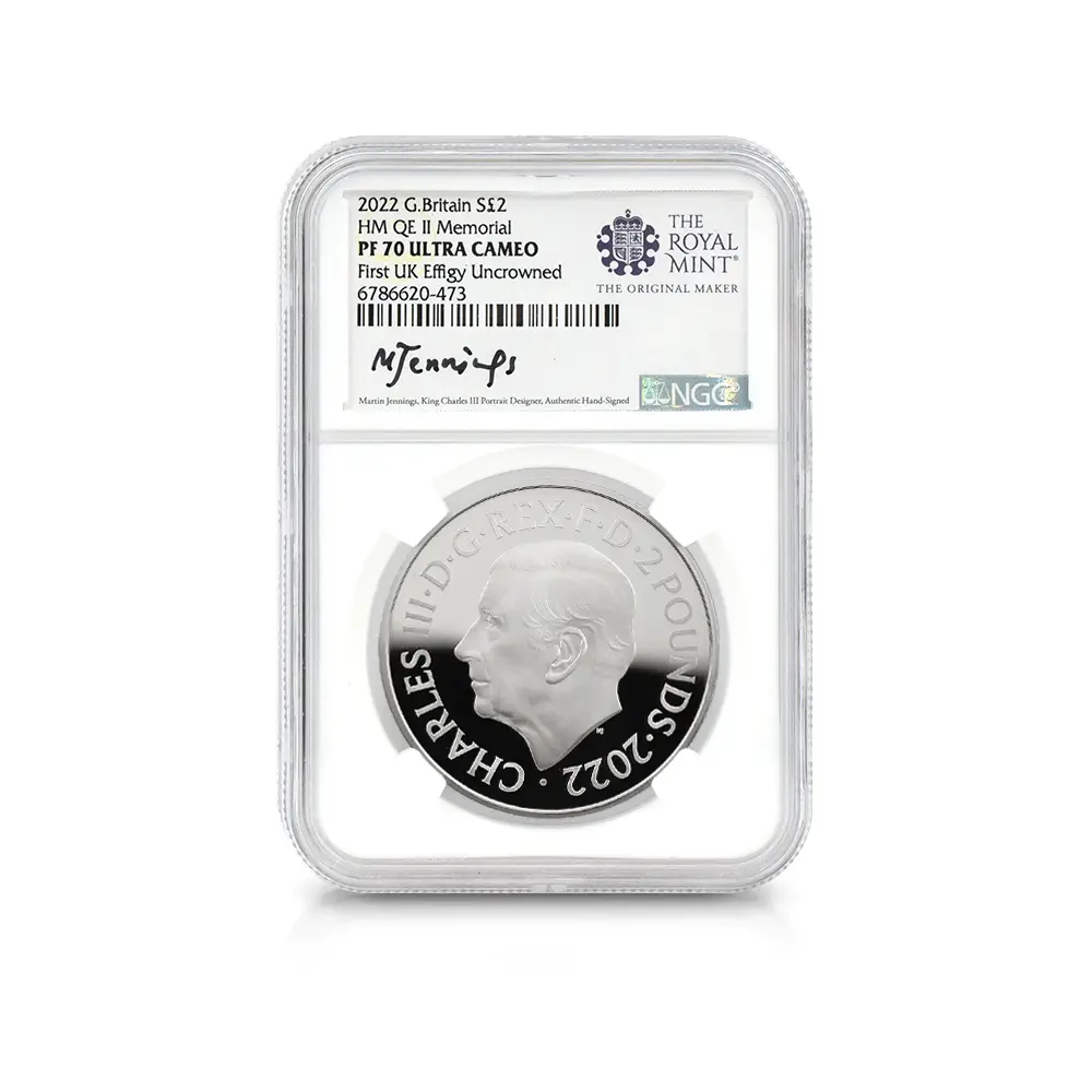 モダンコイン6：6605 2023 チャールズ3世 「第1肖像」発行記念 2ポンド1オンス銀貨2枚セット マーティン・ジェニングス氏直筆サイン入り NGC PF70UC 箱付き