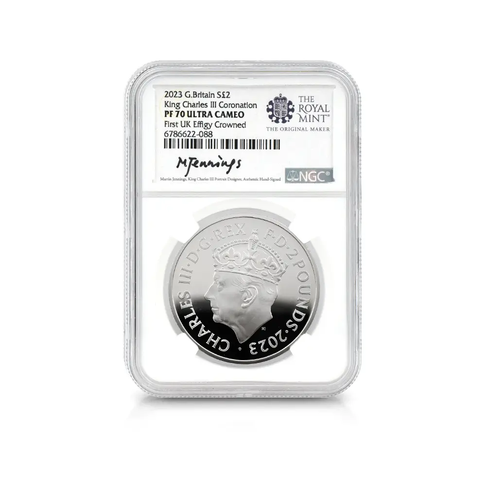 モダンコイン8：6605 2023 チャールズ3世 「第1肖像」発行記念 2ポンド1オンス銀貨2枚セット マーティン・ジェニングス氏直筆サイン入り NGC PF70UC 箱付き
