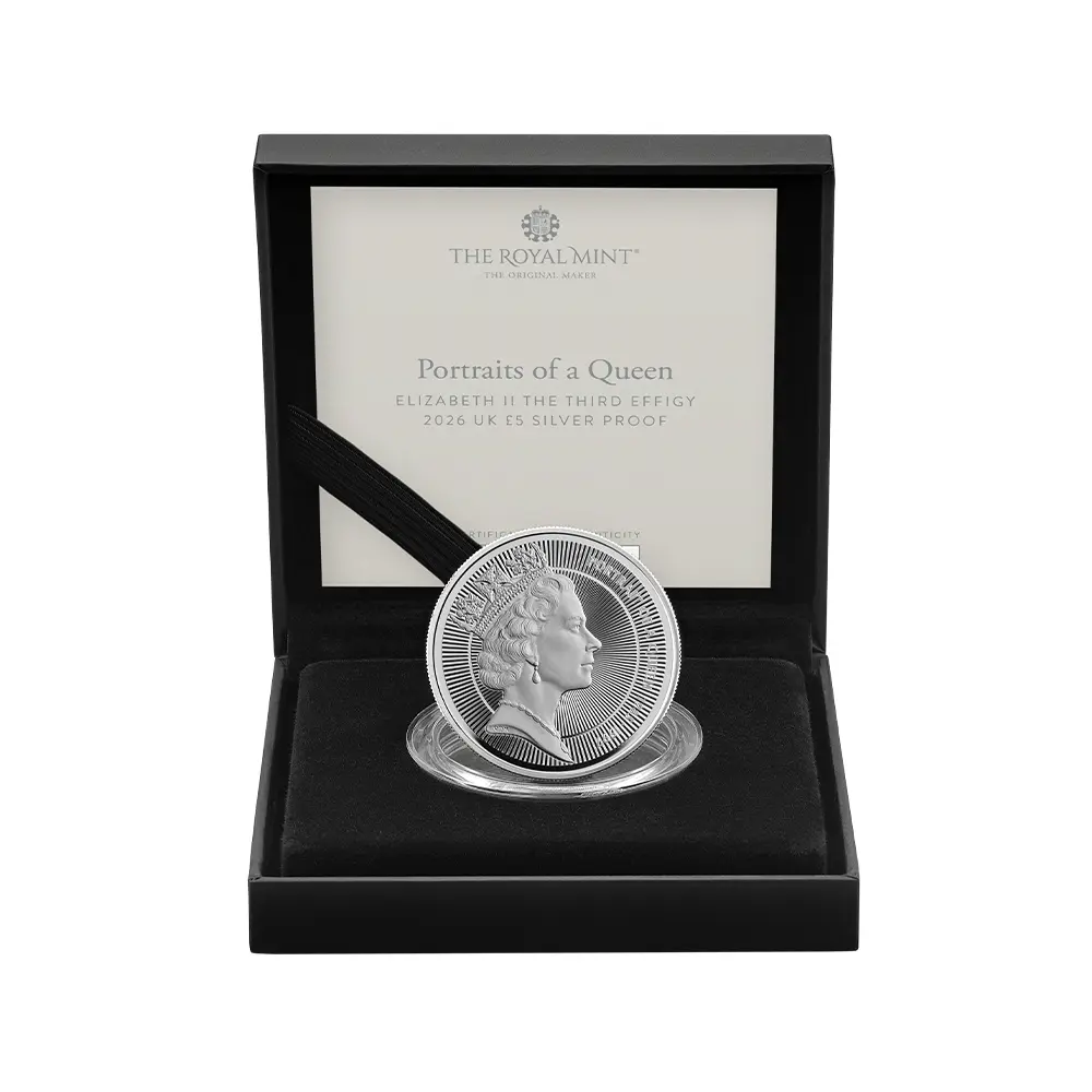 モダンコイン5：6608 【鑑定オプション無し】2026 チャールズ3世 エリザベス2世のコイン肖像シリーズ 第三弾 ミドルエリザベス 5ポンドプルーフ銀貨 未鑑定 箱付き【ご予約承り品・納期約3~4か月】