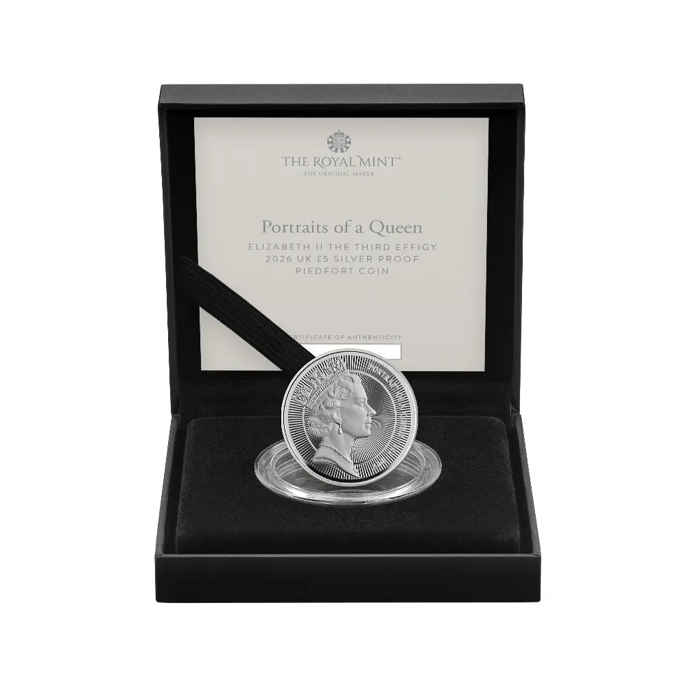 モダンコイン5:6609 【鑑定オプション無し】2026 チャールズ3世 エリザベス2世のコイン肖像シリーズ 第三弾 ミドルエリザベス 5ポンドプルーフピエフォー銀貨 未鑑定 箱付き【ご予約承り品・納期約3~4か月】