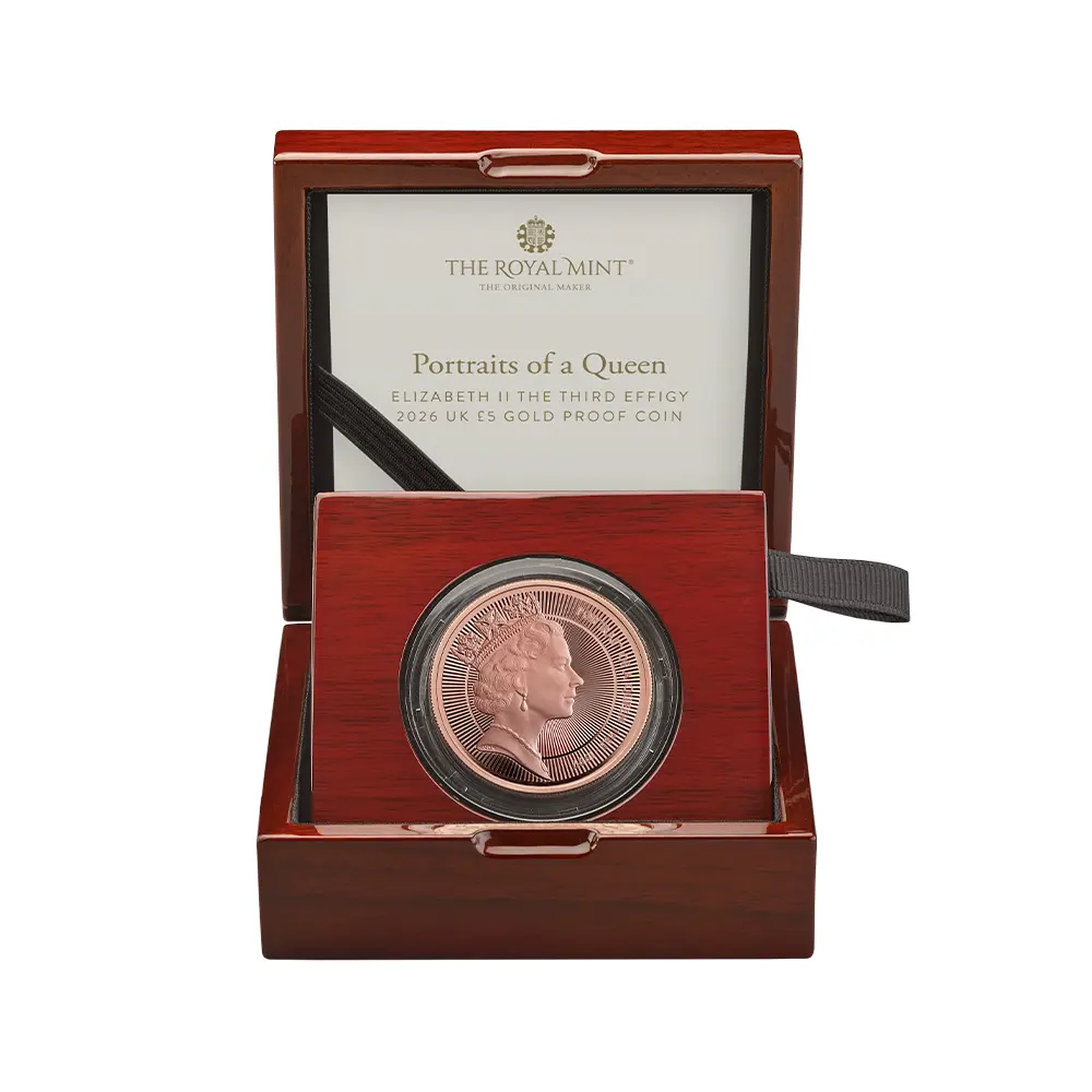 モダンコイン5:6610 2026 チャールズ3世 エリザベス2世のコイン肖像シリーズ 第三弾 ミドルエリザベス 5ポンドプルーフ金貨 未鑑定 箱付き【ご予約承り品】