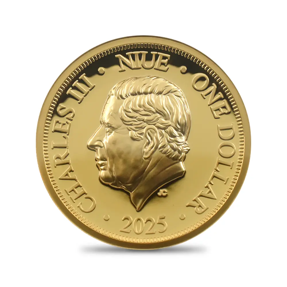 モダンコイン3:6611 ニウエ 2025 チャールズ3世 女王エリザベス2世追悼記念 ハイレリーフ 1ドル金メッキ銅貨 ファーストリリース NGC PF70UC