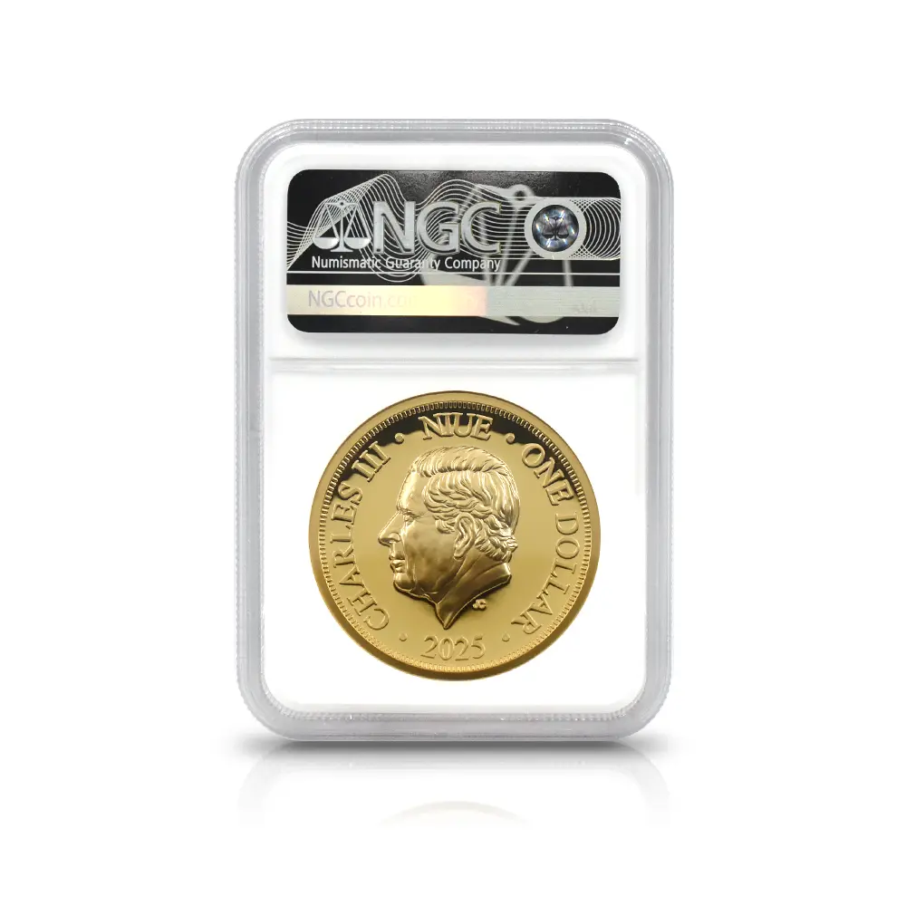 モダンコイン5:6611 ニウエ 2025 チャールズ3世 女王エリザベス2世追悼記念 ハイレリーフ 1ドル金メッキ銅貨 ファーストリリース NGC PF70UC
