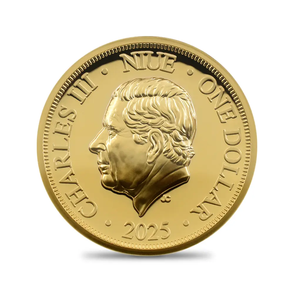 モダンコイン3:6612 ニウエ 2025 チャールズ3世 女王エリザベス2世追悼記念 ハイレリーフ 1ドル金メッキ銅貨 ファーストリリース NGC PF69UC