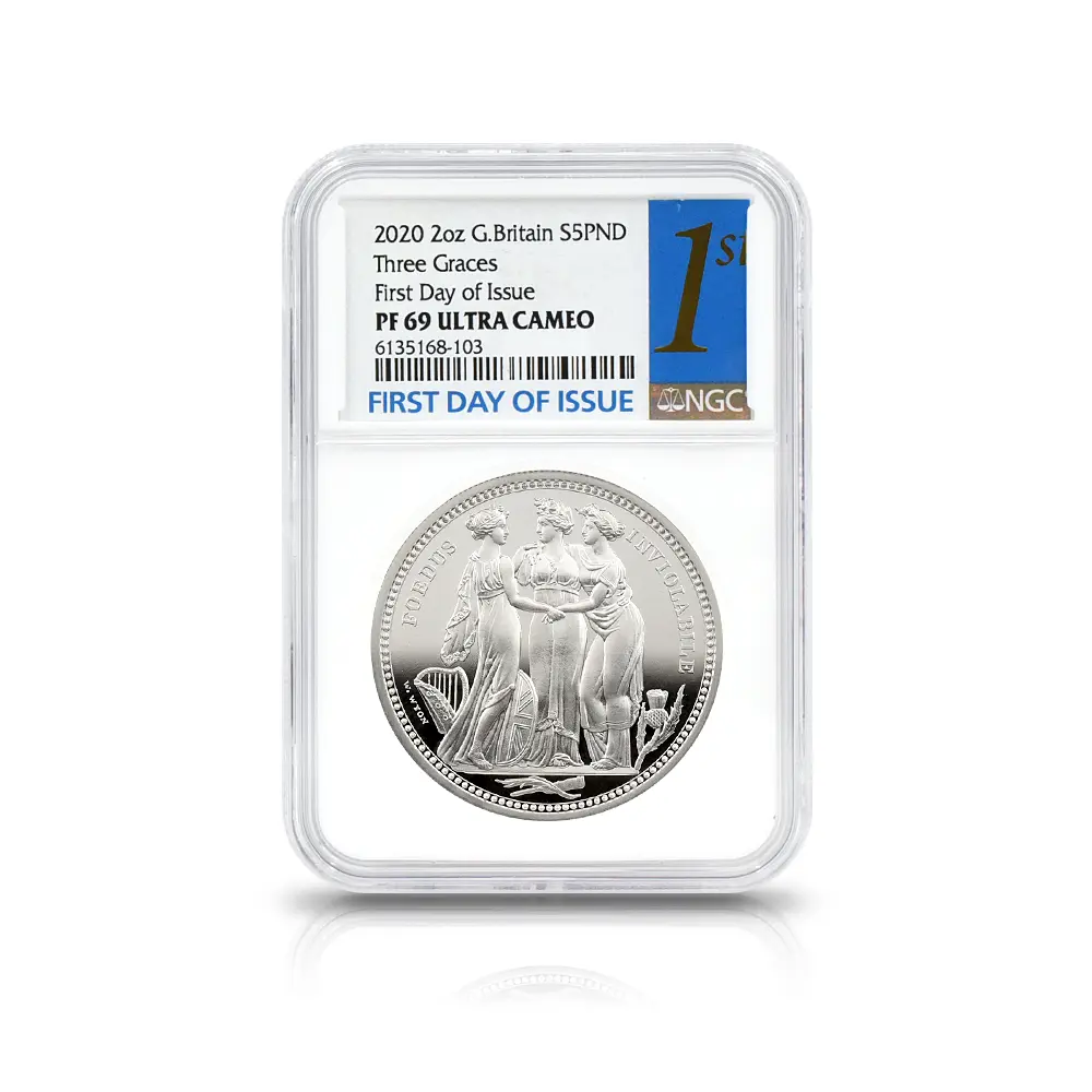 モダンコイン4：5233 2020 エリザベス2世 スリーグレーセス 5ポンド 2オンス銀貨 発行即日鑑定品 NGC PF69UC