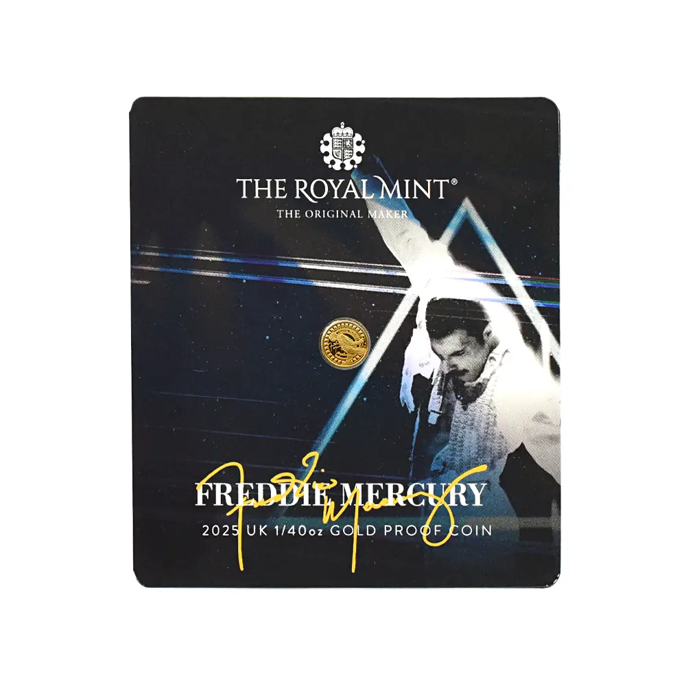 モダンコイン4:6532 2025 チャールズ3世 ミュージックレジェンド第12弾 フレディ・マーキュリー 50ペンス1/40オンスプルーフ金貨 未鑑定 ブリスターパック付き
