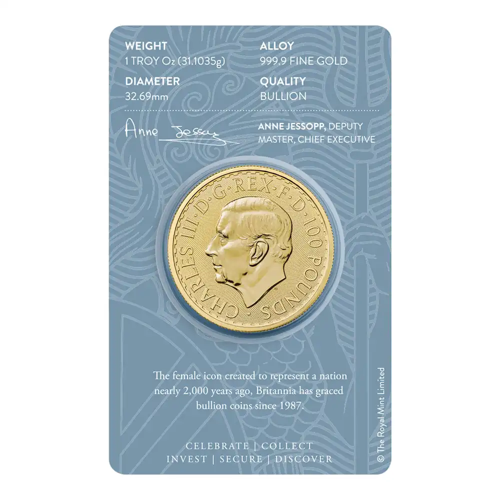 地金型3：5015 イギリス 2025 チャールズ3世 ブリタニア 100ポンド 1オンス 金貨 【1枚】 (ブリスターパック付き)