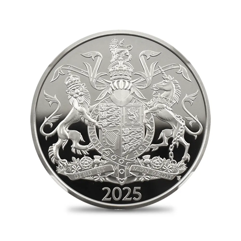 2:6616 2025 チャールズ3世 ロイヤルアームズ 5ポンド銀貨 発行即日鑑定品 NGC PF70UC 箱付き