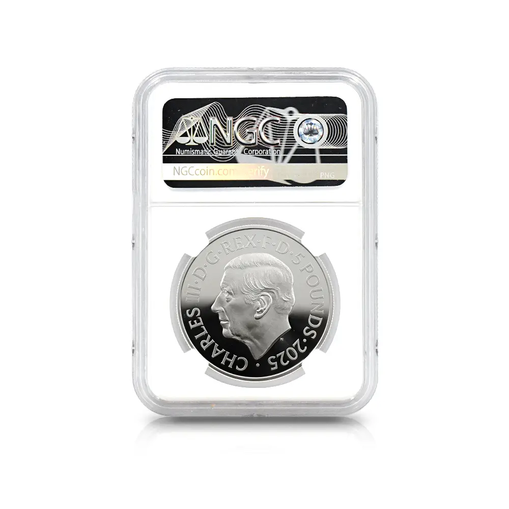 モダンコイン5:6617 2025 チャールズ3世 ロイヤルアームズ 5ポンド銀貨 発行即日鑑定品 NGC PF69UC 箱付き